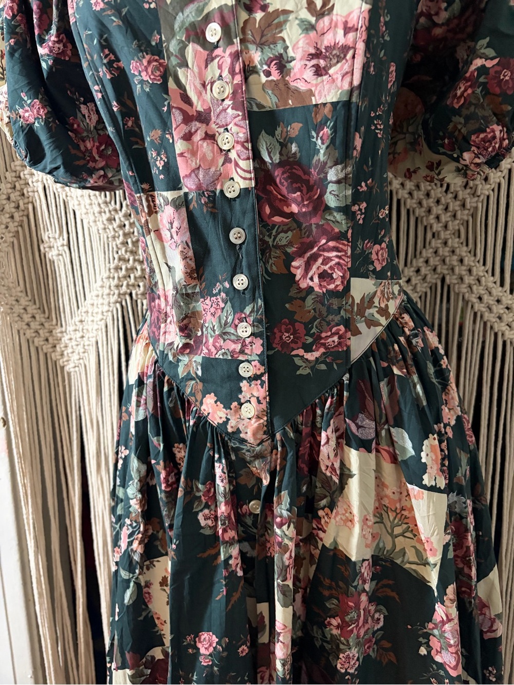 VTG 90s Patchwork Floral Cotton Maxi Dress Puff Sleeve Cottagecore - Picture 4 of 6